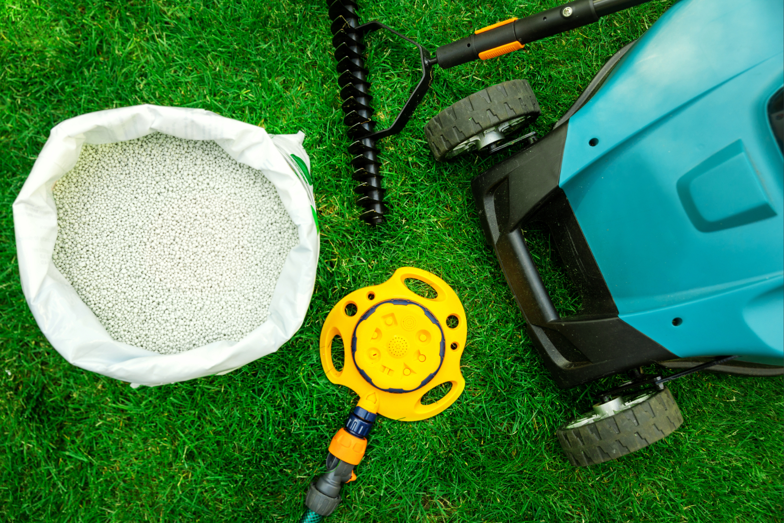 Rasenpflege mit Dünger, Gartenschlauch und Rasenmäher.